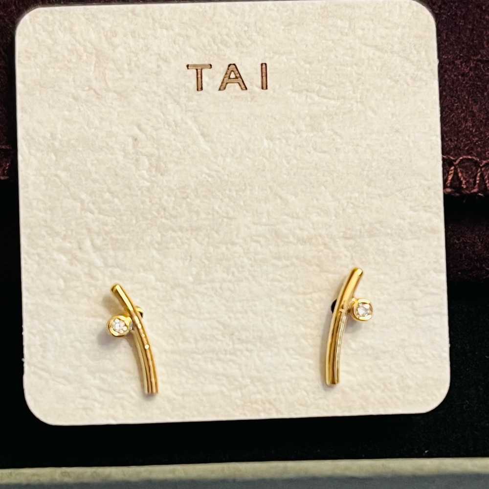 NIB Tai curved bar stud with bezel set cz detail
